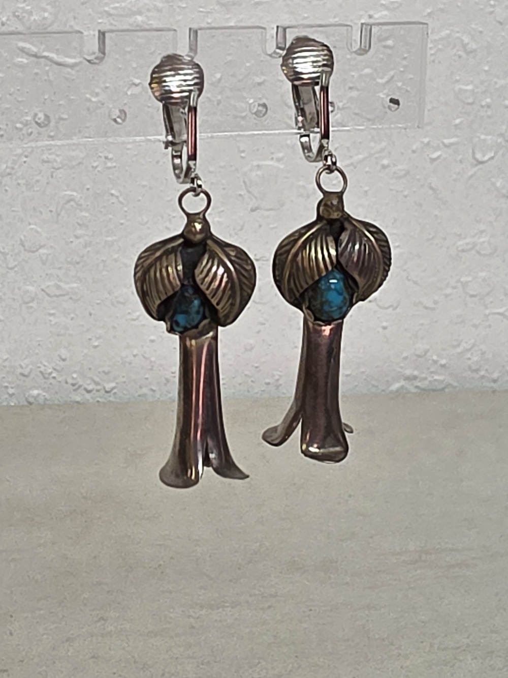Vintage Turquoise Squash Blossom Clip On Earrings Southwestern Western 2”